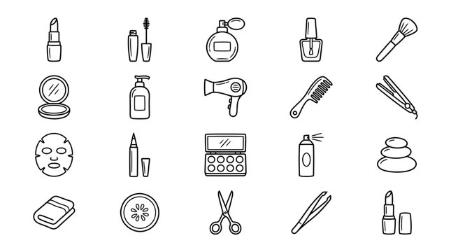 Beauty and Cosmetics Doodle Icon Set: Makeup, Skincare, Haircare, and Spa Essentials in Line Art Style.