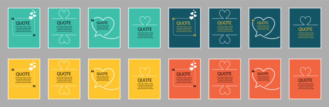 Quote frames blank templates set. Set of speech bubble quotes template. Text in brackets, citation empty speech bubbles, quote bubbles. Textbox isolated on color background. Vector illustration