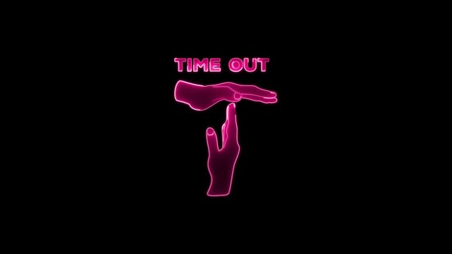 Neon pink time out sign featuring glowing hand gesture and text animation on isolated black background