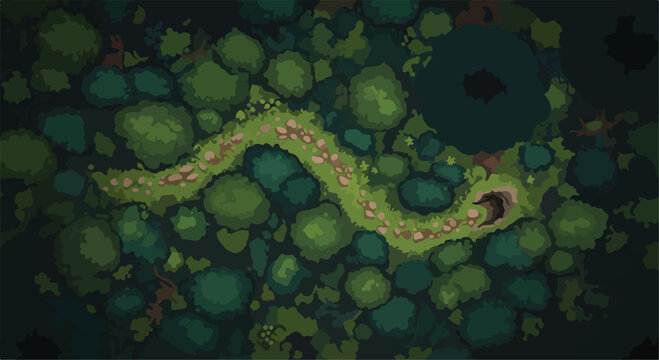 Pixel art forest path top down view, retro game map with green trees and stone trail, 2D gaming environment background for RPG adventure