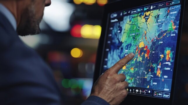 The forecaster uses a touchscreen board to illustrate temperature changes and rainfall patterns during a morning news segment