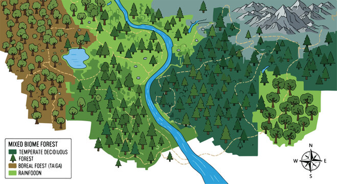 Mixed biome forest map vector, temperate deciduous and boreal forest taiga landscape, rainforest ecosystem with river and mountains, educational geography infographic