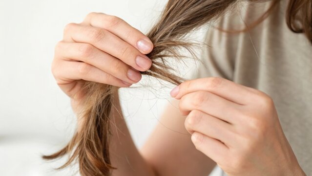 Person examining split ends of long brown hair close-up, highlighting hair damage and hair care concerns.