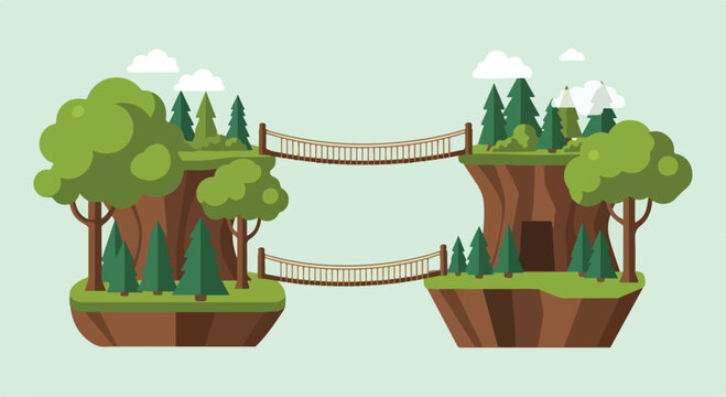 Flat vector landscape of floating islands with rope bridges, fantasy forest environment with green trees and pine woods, game level design background
