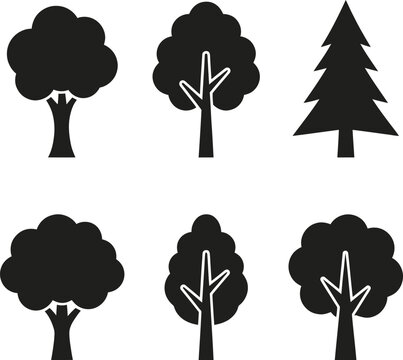 Vector file of various tree silhouettes arranged in two rows on a plain background