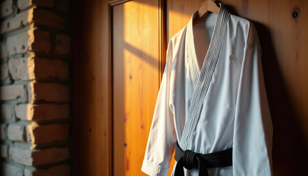 White karate gi with black belt hangs on wood wall. Traditional martial arts uniform, clean dojo interior. Light casts shadow on wall. Discipline, respect, practice wear.