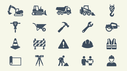 Construction site heavy equipment, tools, and safety icons set © Creative Layer