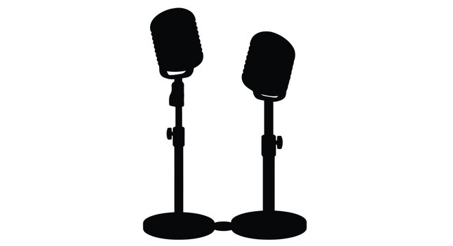 Two vintage microphones on stands black silhouette