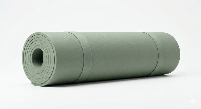 Sage green yoga mat rolled up tightly and secured with matching fabric straps for convenient carrying and storage during fitness practice or meditation sessions