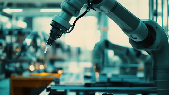 Robotic manufacturing arm performing precise industrial automation tasks on a conveyor belt in a smart factory, symbolizing innovation, efficiency, assembly, and modern technology