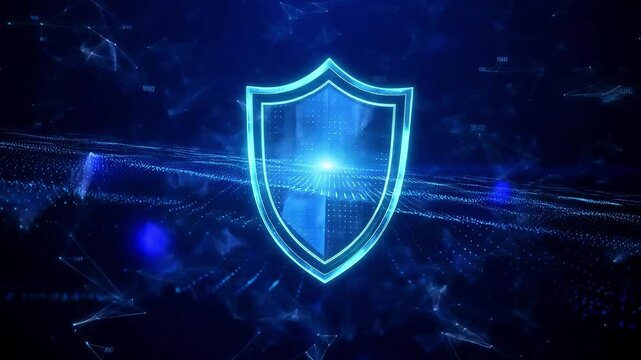 A glowing blue shield with a cross is prominently displayed on a dark digital background with neon lines and lights.