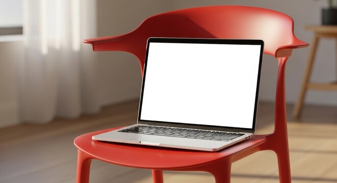 Laptop computer with blank white screen sitting on red plastic chair in bright sunny room for remote work and home office mockup display.