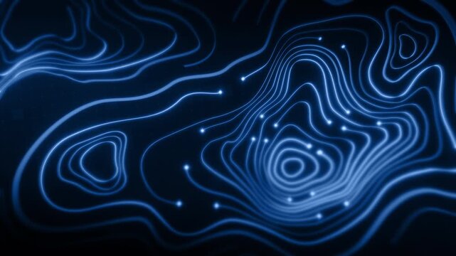 Futuristic digital topographic map with glowing neon contour lines, abstract 3D terrain visualization, modern data technology and cyber landscape concept
