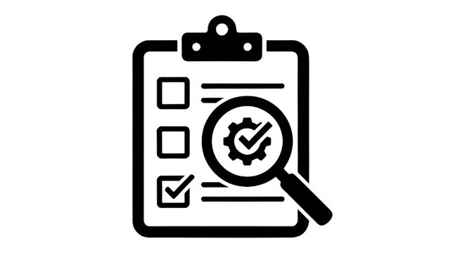Black pictogram icon of clipboard checklist with magnifying glass evaluation symbol, clean minimal vector style, isolated on white background
