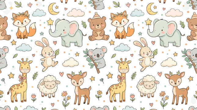 Cute cartoon animals pattern with deer rabbits elephants and more