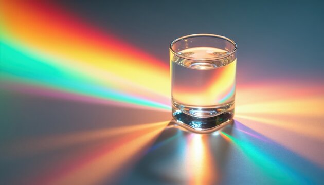 Clear glass filled with water casts colorful rainbow light spectrum reflections on surface. Light refracts creating spectrums and colorful rays from beverage glass.