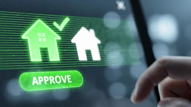 Digital real estate approval concept finger pressing approve button touchscreen interface showing house icon for seamless process