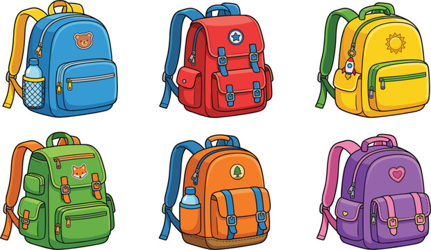 Cute colorful backpack cartoon vector set with school bags pockets and adjustable straps isolated on white