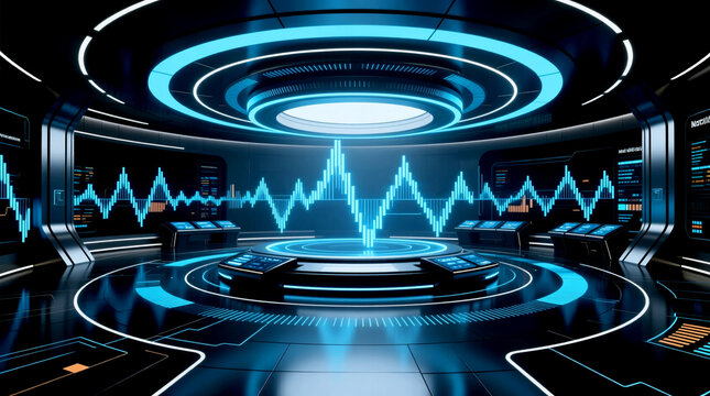 Futuristic control room displaying dynamic financial signal systems on automated trading networks enabling advanced institutional market intelligence for sophisticated Algorithmic Trading platforms