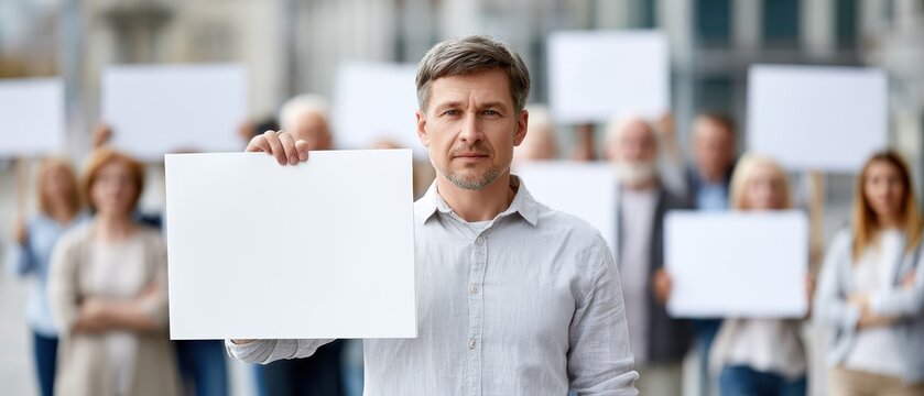Young activist holding blank protest sign during public demonstration.