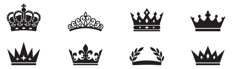 Royal crown icon set. King and queen tiara symbols. Laurel wreath and monarchy signs. Luxury and authority concepts. Flat vector illustration. Vector Graphic. EPS 10 © Jeremy_Show