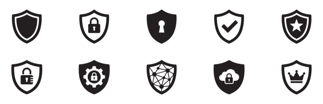 Security shield icon set. Cyber protection and data safety symbols. Guard, lock, and cloud privacy signs. Network firewall. Flat vector illustration. Vector Graphic. EPS 10