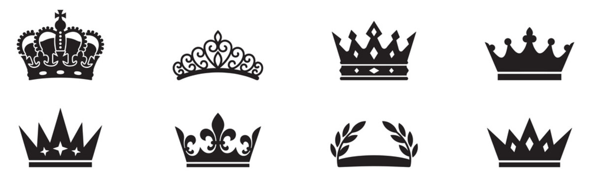 Royal crown icon set. King and queen tiara symbols. Laurel wreath and monarchy signs. Luxury and authority concepts. Flat vector illustration. Vector Graphic. EPS 10