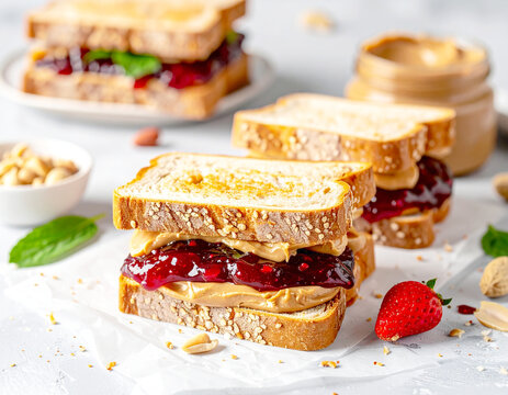 Peanut butter and jelly toasted sandwiches on a counter, multiple sandwiches. AI
