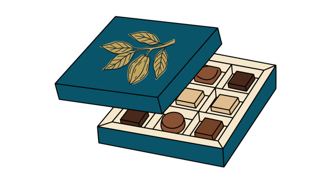Open box of assorted chocolates with various shapes and flavors