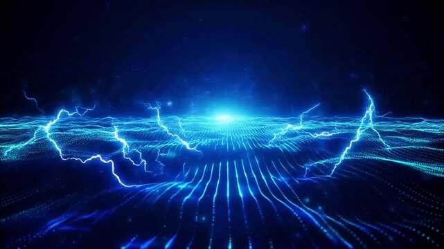 Electric blue lightning strikes illuminate the dark night atmosphere with vibrant glowing lines