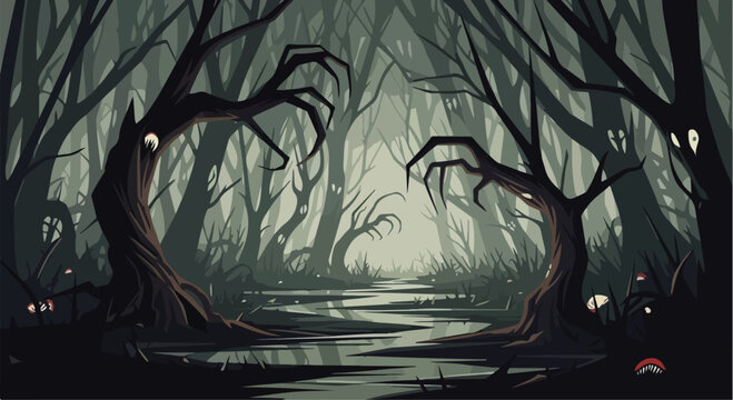 Spooky Halloween forest background with creepy gnarled trees, dark haunted woods with glowing eyes, eerie swamp landscape vector illustration