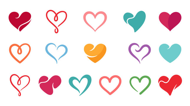 Collection of colorful heart icons with various styles and colors