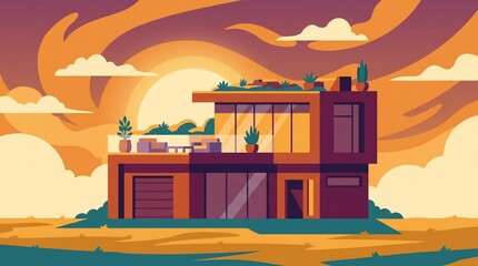 Obraz premium Modern Architecture, Futuristic Home, Sunset Landscape, Digital Illustration, Vibrant Environment, Creative Viewpoint