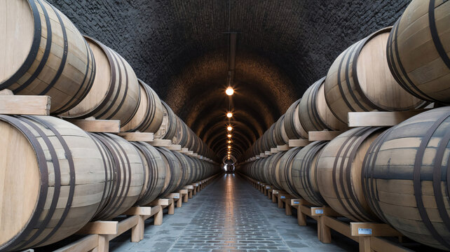 Rows of wooden barrels in a dark underground cellar with a brick ceiling and lighting