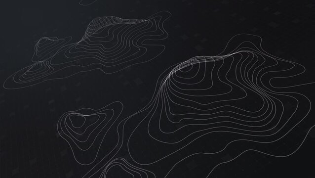 Futuristic digital topographic map with glowing neon contour lines, abstract 3D terrain visualization, modern data technology and cyber landscape concept