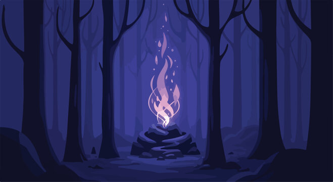 Mystical campfire in dark forest at night, glowing bonfire with purple flames among silhouettes of trees, atmospheric fantasy woods background vector