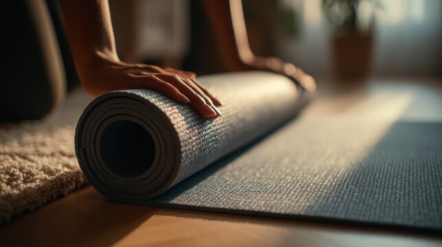 Woman rolling up yoga mat indoors