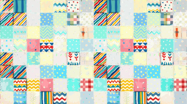 Colorful patchwork quilt pattern with various geometric designs