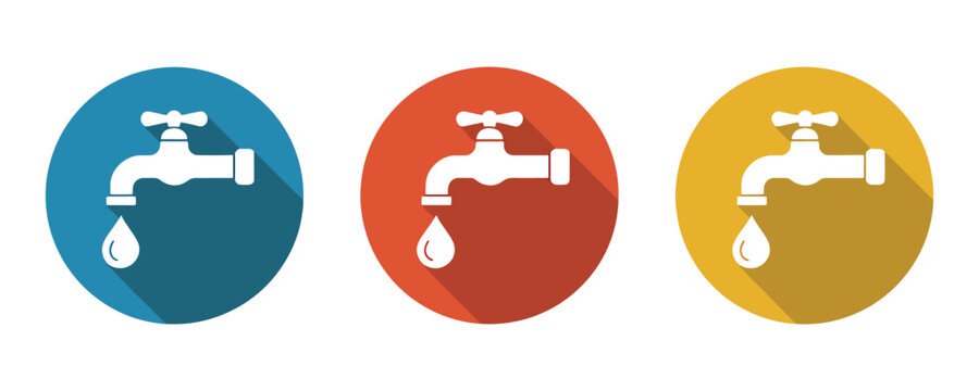 Colorful faucet icons with dripping water in blue, Red, And yellow circles for plumbing, Water conservation, And hygiene concepts
