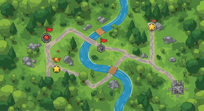 Cartoon game map with forest landscape, winding river and stone paths. Fantasy level map vector with flags and stars. Top view strategy game background.