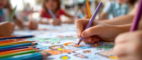 Naklejka premium Children drawing and coloring together