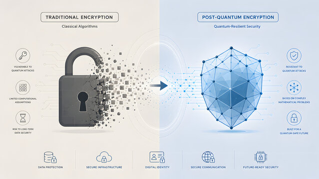 Post-Quantum Cryptography Infographic Showing Old Encryption Standards Versus Quantum-Resistant Security