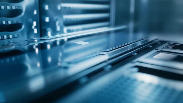 Server rack organizing multiple storage units and processing components, forming an intricate abstract digital technology network and data center infrastructure