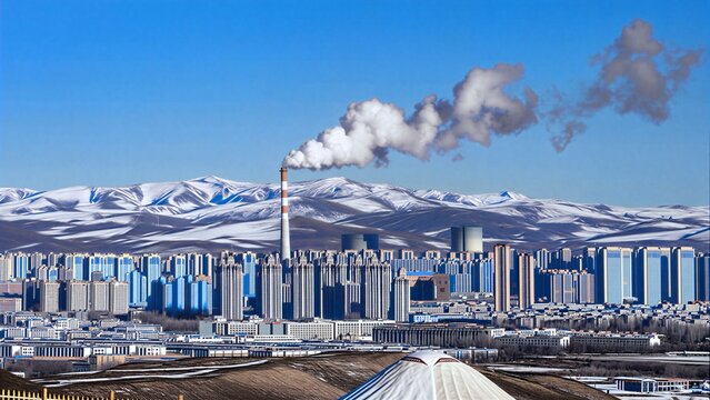 Urban Buildings And Heating Chimney Under Snowy Mountains