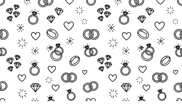 Seamless jewelry line art pattern with diamond rings hearts and sparkle icons on white background