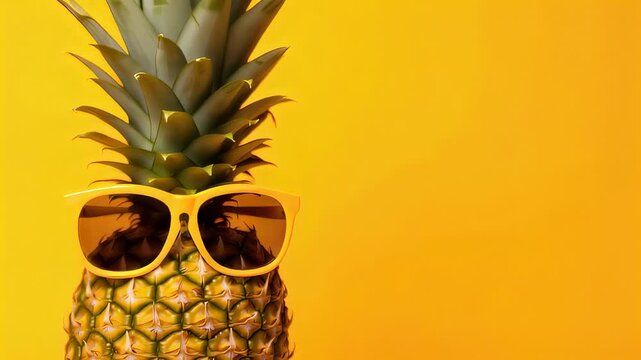 Pineapple wearing yellow sunglasses isolated on orange background. Quirky fruit character with eyewear. Minimalist summer concept for tropical vacation decoration.