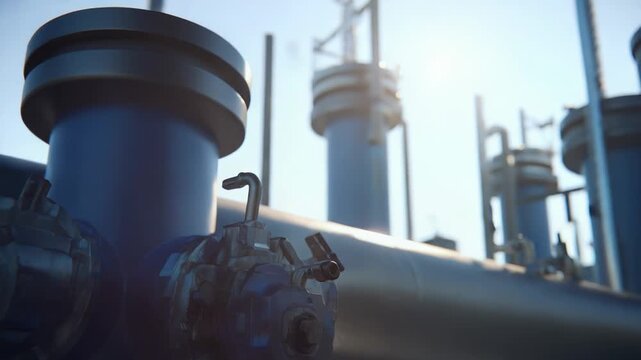 Industrial pipe fitting and complex valve mechanism are visible in a close up view, depicting manufacturing and infrastructure in an oil or gas refinery plant system