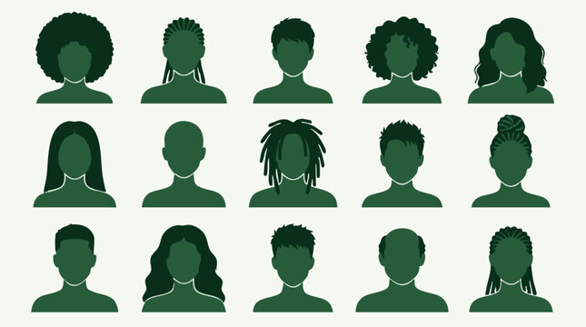 Set of diverse people silhouettes showing various hairstyles and hair types