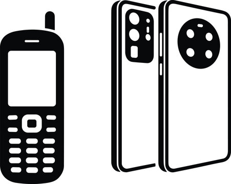 Classic mobile phone and modern smartphones icon illustration representing evolution of communication technology and design innovation