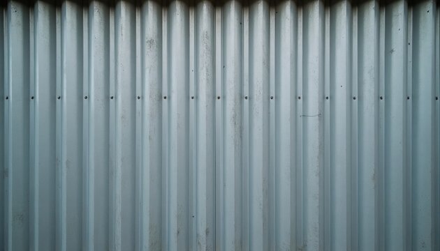 Corrugated metal wall texture with vertical ribs. Light blue zinc panels form an industrial background. Repetitive pattern with visible rivets and signs of wear.